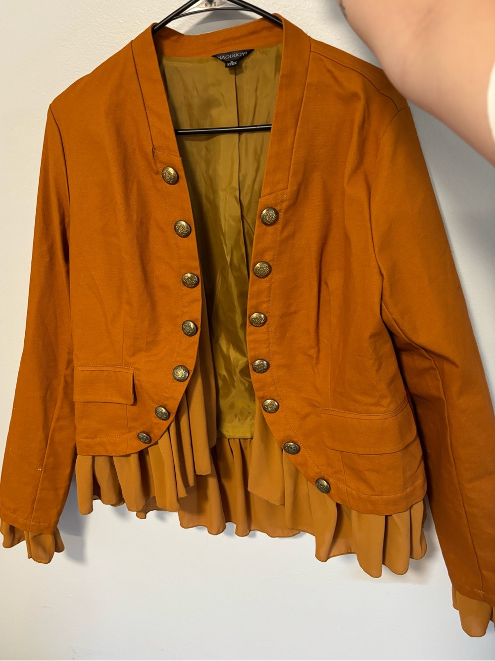 HAODUOYI Rust Orange Military-Button Ruffle Hem Blazer